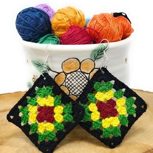 Handmade hand crafted crochet rasta inspired granny square earrings